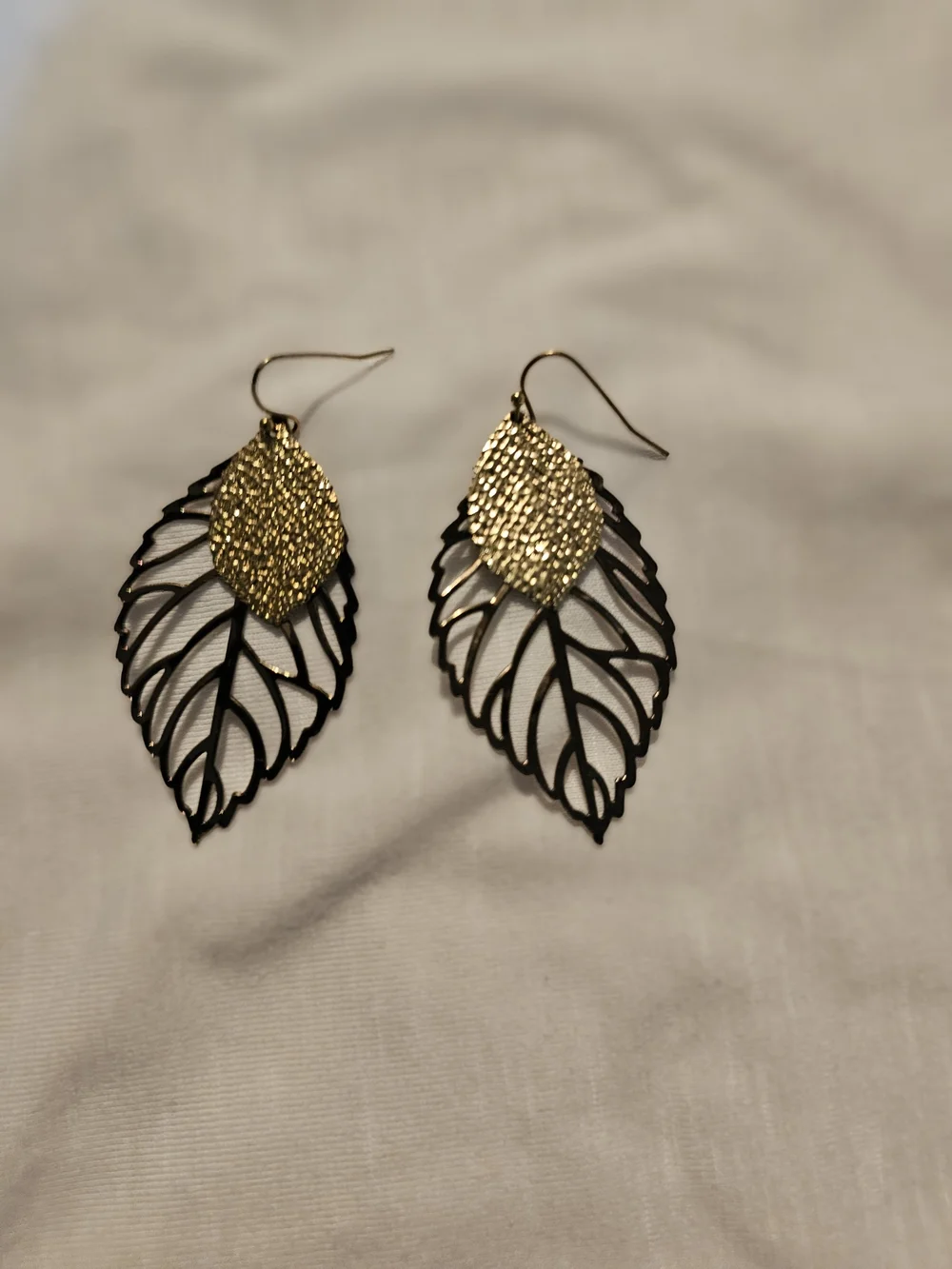Gold and Black Filigree Leaf Drop Earrings - Women's Jewelry